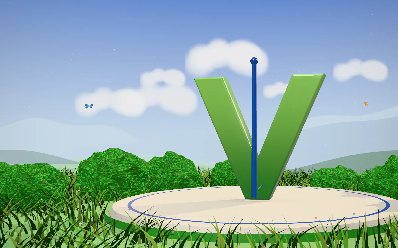 Emblema Guanlavet în 3D: V-ul verde și toiagul albastru cu șarpele, pe o pajiște, cu munții în spate