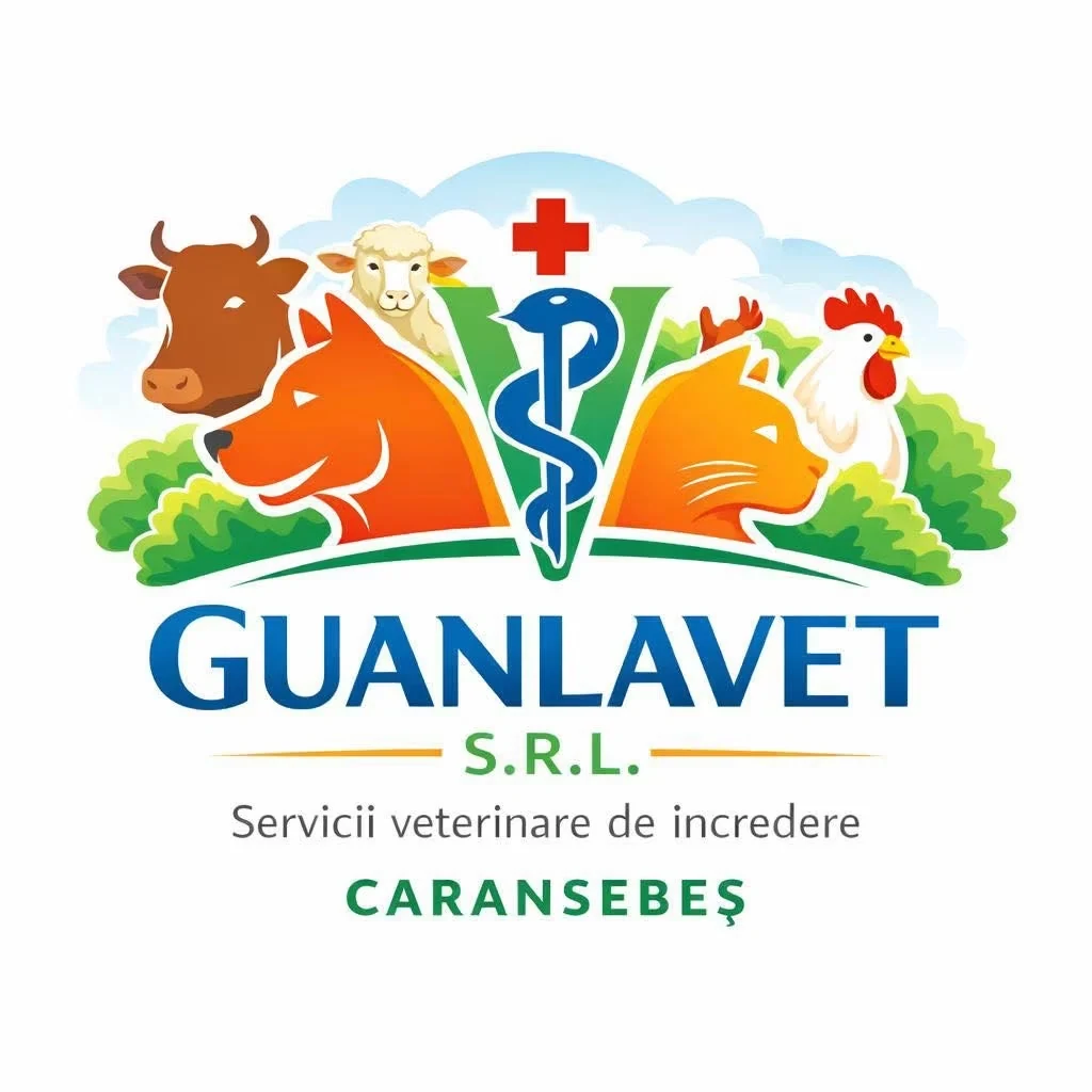 Sigla Guanlavet: V-ul verde cu toiagul lui Asclepios, cățelul, pisica, vaca, oaia și cocoșul